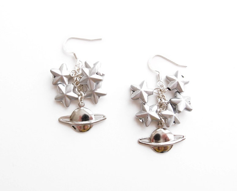 Stars and Saturn Silver Outer Space Astronomy Cluster Bead Dangle Earrings