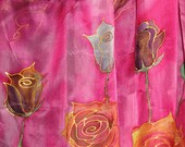 Sweet roses hand painted silk scarf. Fuchsia red, pink, orange silk scarf. FREE tracked shipping worldwide