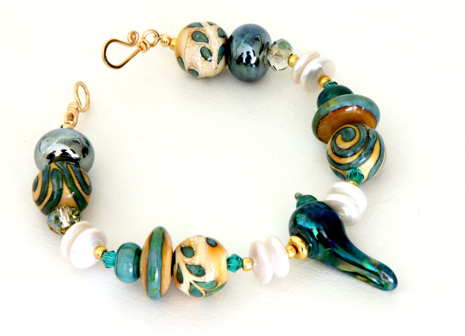 Midnight Blue & Ivory Glass Scrolled Bead Bracelet. Royal Blue Glass Bead "Little Bird, Little Bird" Bracelet. Deep Blue Glass Bead Jewelry.