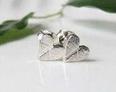 Tiny Heart Earrings, Silver Leaf Heart Earrings, Tiny Stud Posts