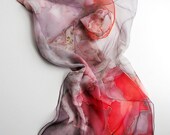 Silk scarf chiffon- gray with red - hand painted scarves - wearable art painted - 18x72