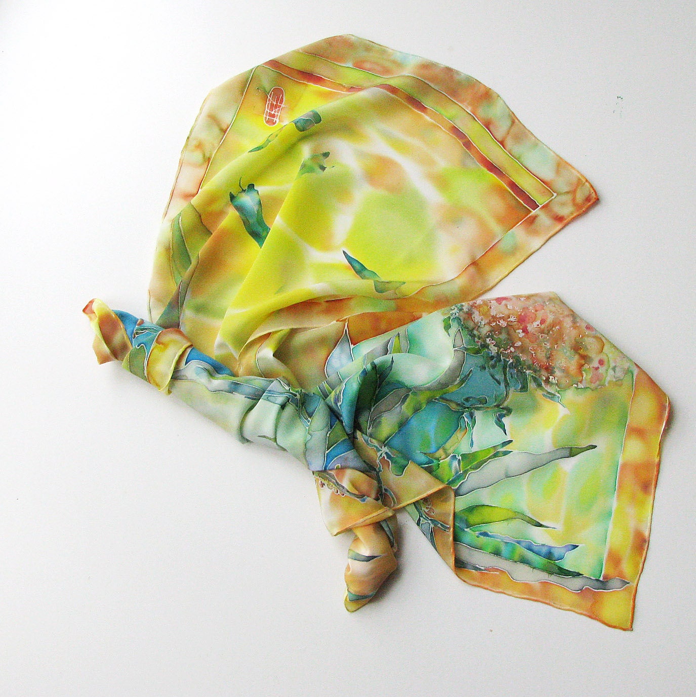 Hand painted silk scarf on crepe de chine silk - dyed scarves - painting on silks - Yellow floral motives - 18x72