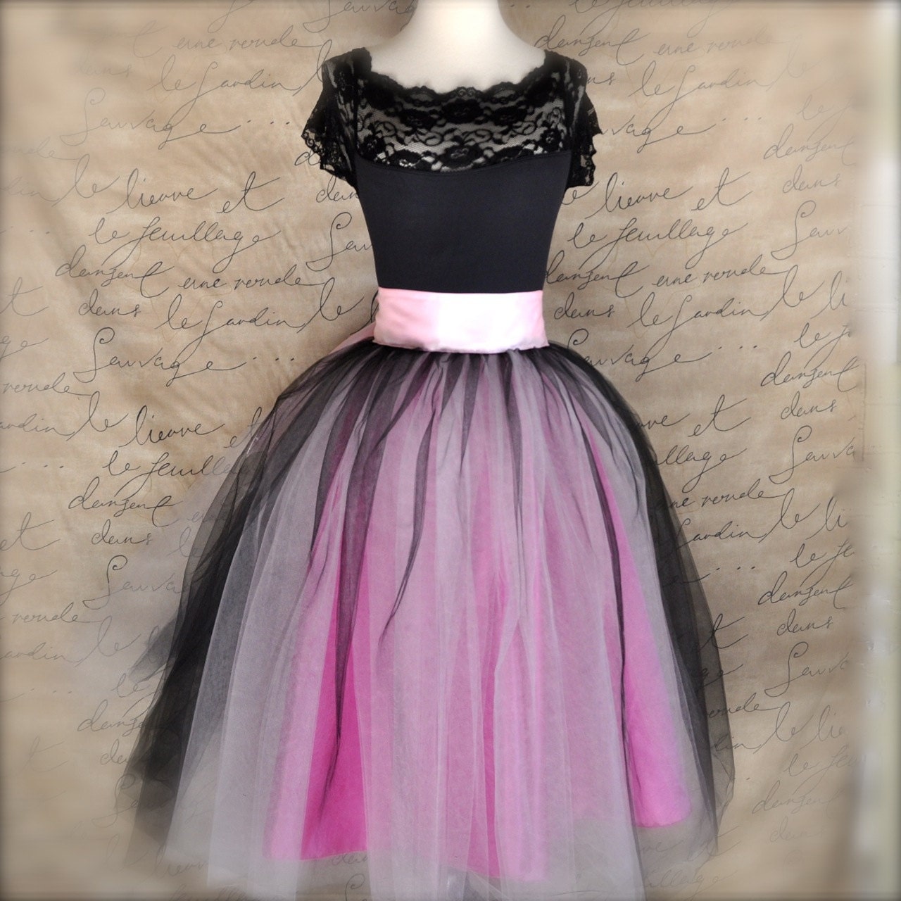 Black, pink and fucshia  tutu skirt for women.  Ballet glamour. Retro look tulle skirt.