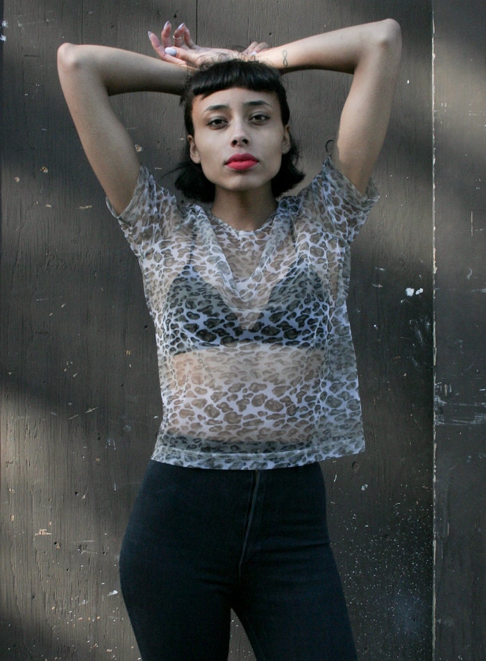 Vintage 1990's Leopard Print Sheer Mesh Crewneck Top S