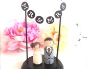 Custom Handcrafted Classic Wedding Cake Topper and Decoration with Mr and Mrs Bunting Banner Stand Wooden Peg Doll Wedding Cake Toppers