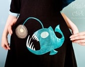 Angler fish dress, black and aqua, childrens clothing, girls dress, Sizes 8, 10, 12, 14 (Smaller sizes also available)