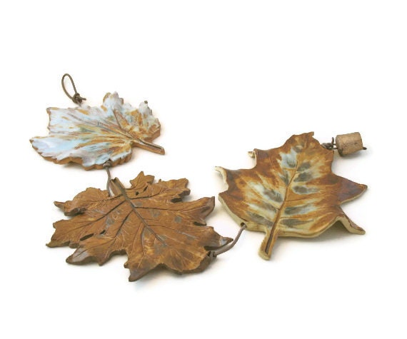 Very Large Clay Leaves Wall Hanging (3 leaves) - Real Leaves - Decorative String - Wall Hanging