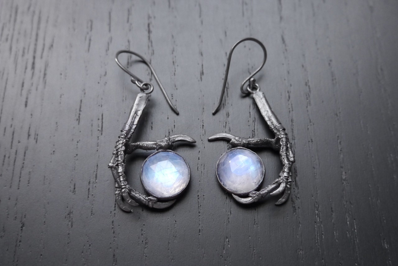 Prophecy Earrings - Bird Claw and Rose Cut Moonstone