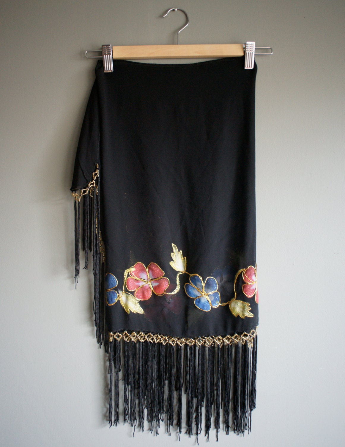 Vintage Sheer Black FRINGE Beaded Flower Trim Swim Suit cover up OS