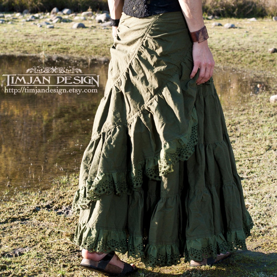 LONG HEMP SKIRT -  Wrap around Ruffle - Hippie Boho Organic Woodland Faery Pixie Fairy - Forest green with lace border