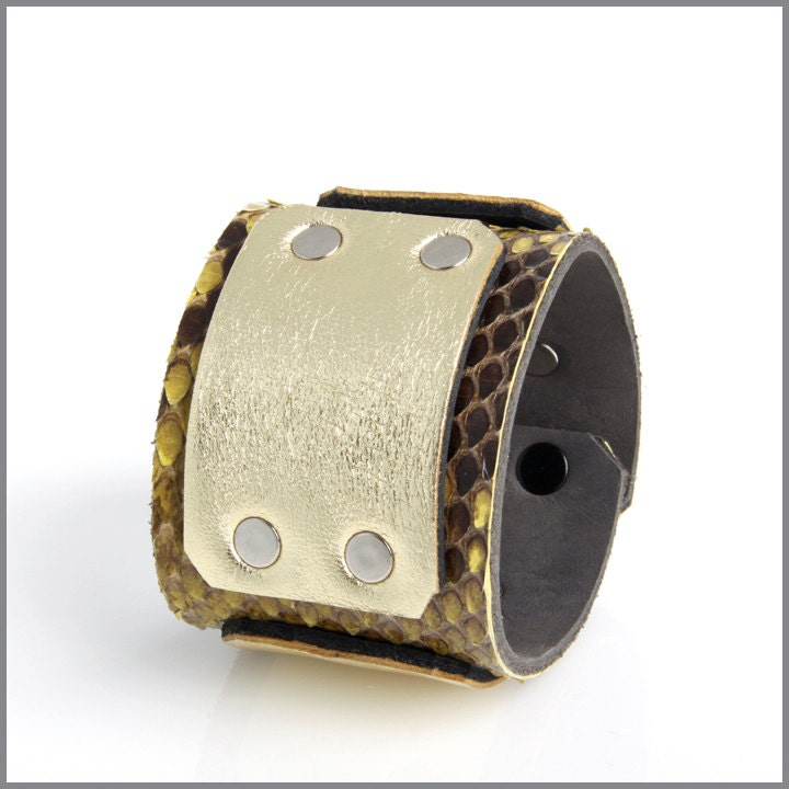Yellow Python and Gold Leather Cuff - LARGE