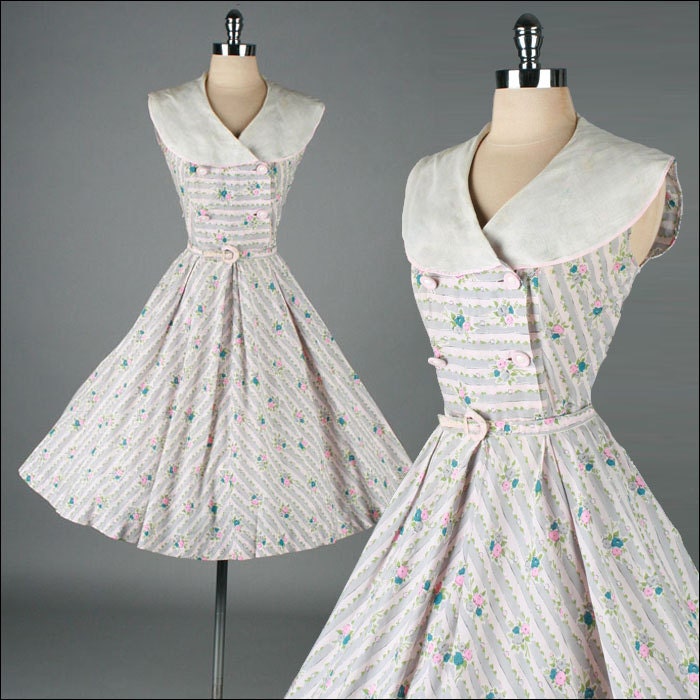 Vintage 1950s Dress . Floral Cotton . Gray Pink Floral . 3164