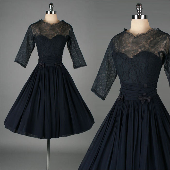vintage 1950s dress . deep blue lace . illusion . 3298