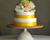 Cake Stand 14" Pedestal Wooden Milk Glass Wedding Decor Rustic Elegance By E. Isabella Designs. As Featured In Martha Stewart Weddings.