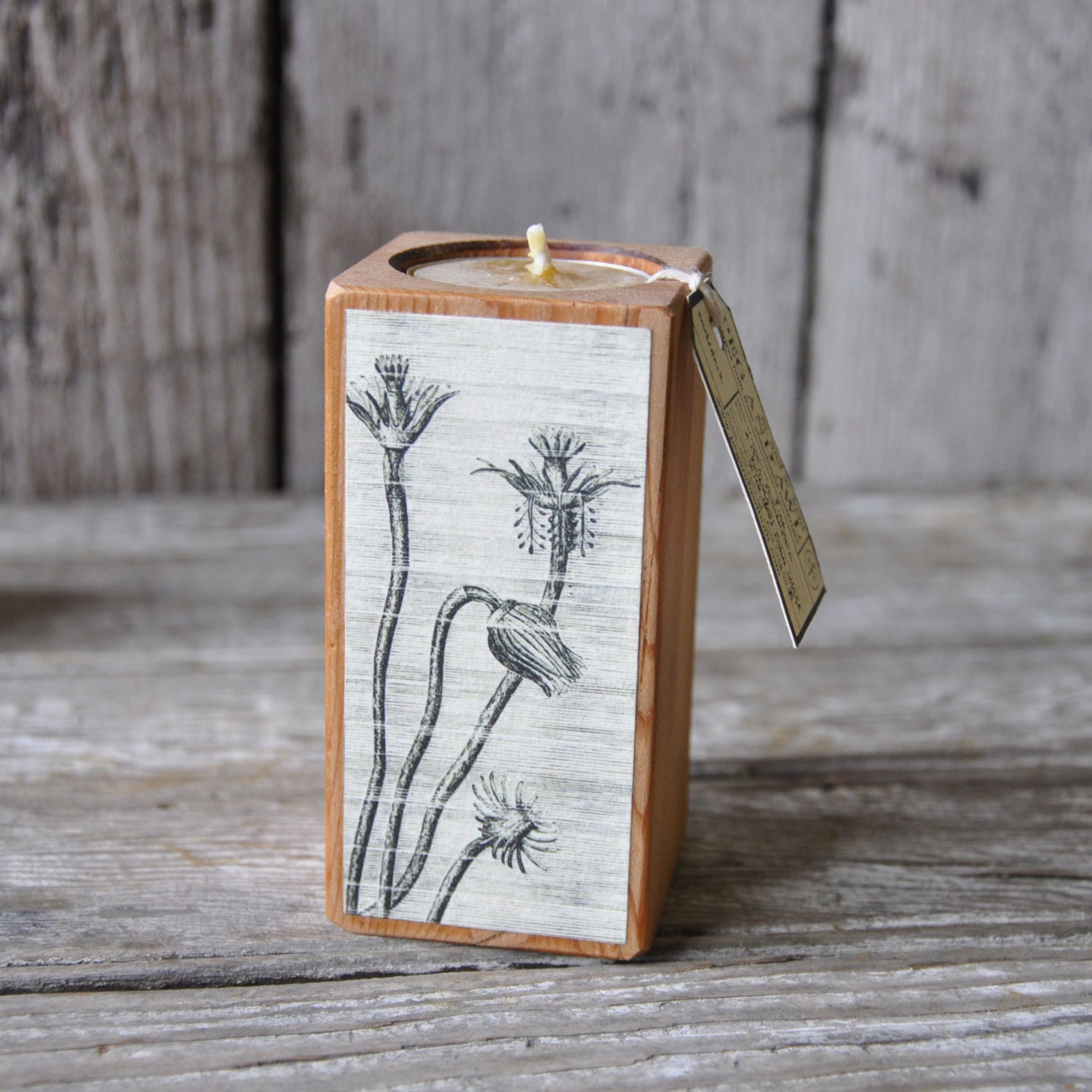 1 Reclaimed Wood Smokestack Candle Block with Sea Decoupage