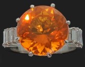 Fire Opal Ring - Baguette diamond platinum set - Vintage French ring 1950's