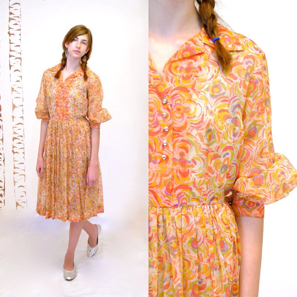 50s Chiffon Dress  //  Watercolor Dress  //  ORANGE GARDEN