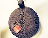 Large Porcelain Pendant with Diamond Red Square pattern, polka dots, antique lace patterns, Bold statement piece