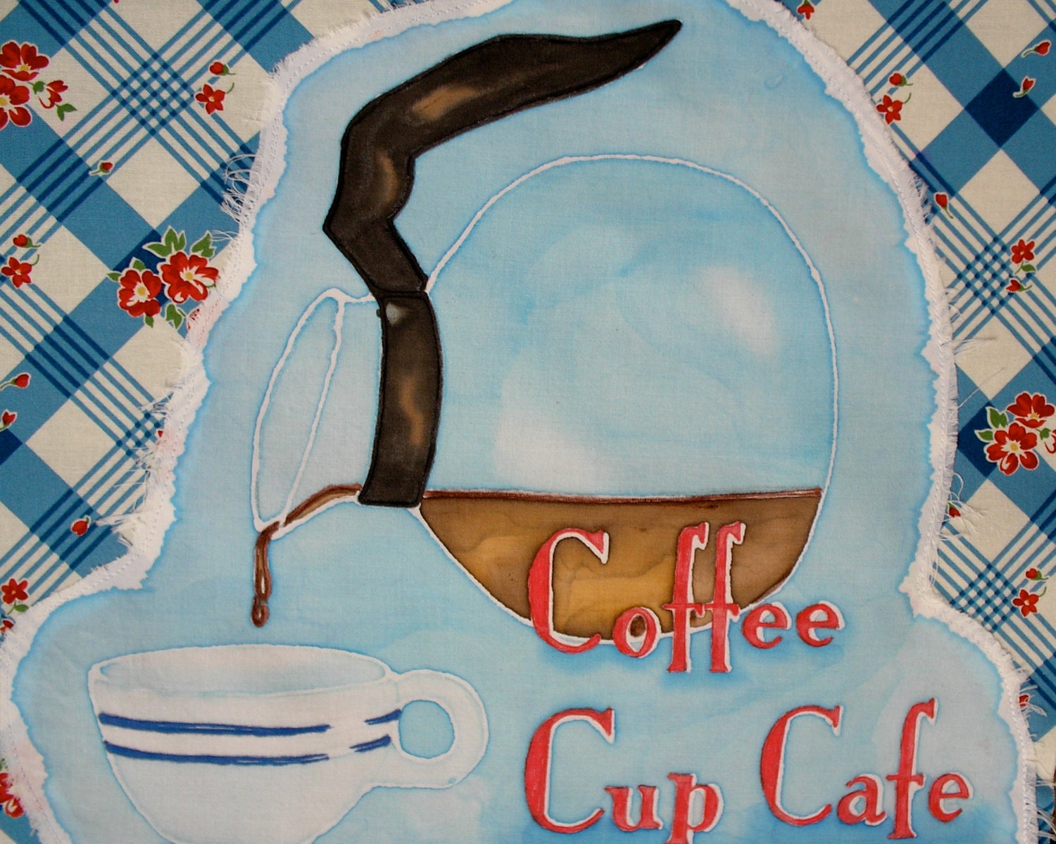 Coffee Cup Cafe Sign Hand Painted  on Cotton Quilt Block