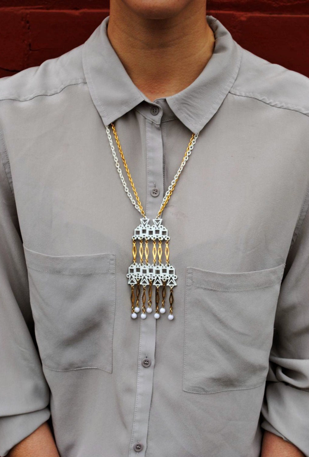 VTG 70's Gold and White Geometric Pendant Statement Necklace