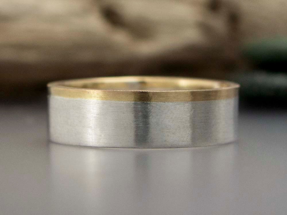 Mens 14k Gold and Sterling Silver Wedding Band - Custom Made 6mm Wide Flat wedding Band