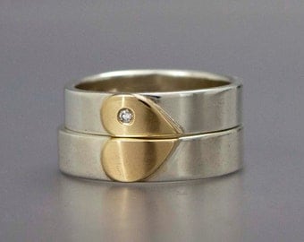 Diamond Heart Wedding Band Set in 14k Gold and Sterling Silver - We Hold One Heart
