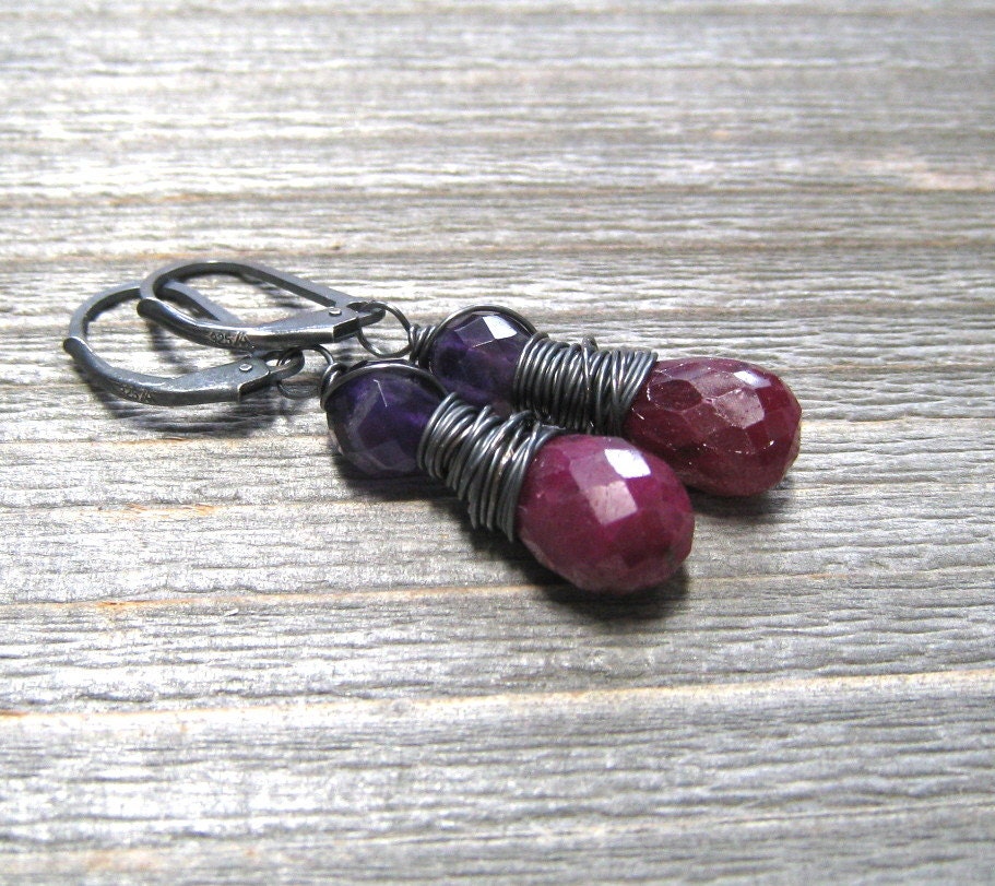 Ruby and Amethyst Teardrop Dangle Earrings July Birthstone Sterling Silver Wire Wrapped Red Purple Birthstone Jewelry