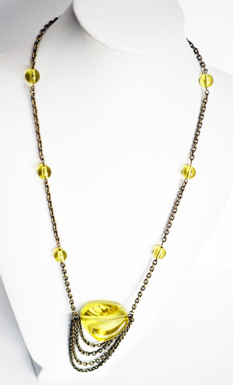 Long Antiqued Brass Chain and Lemon Yellow Acrylic Necklace Contemporary Mod Edgy Long Womens Necklace