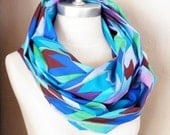 Infinity Scarf, Colorful Chevron Pattern, Circle Scarf, Blue, Green, and Purple Cotton Fabric Loop Scarf, Large Zig Zag Print