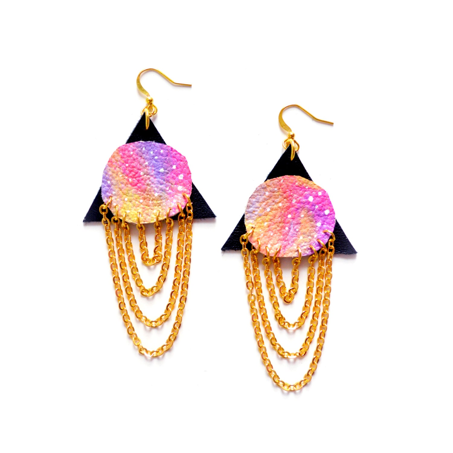 Triangle Leather Earrings, Ombre Pink Planet, Galaxy Print, Dangle Earrings, Tribal Jewelry
