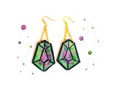 Diamond Leather Earrings Glitter Emerald and Pink Ombre, Geometric Jewelry