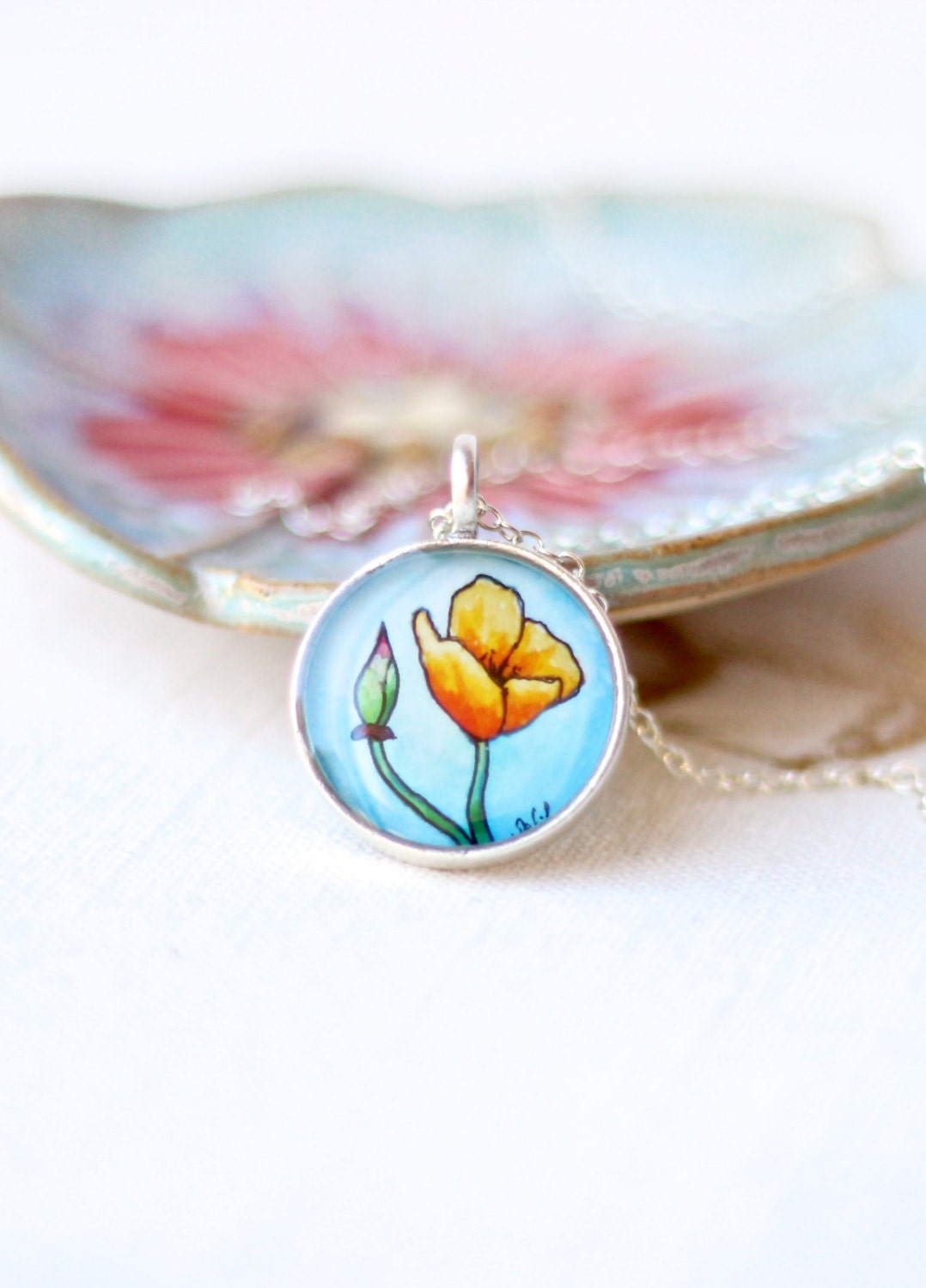 California Poppy pendant, floral art jewelry, poppy necklace wearable art, LIMITED EDITION