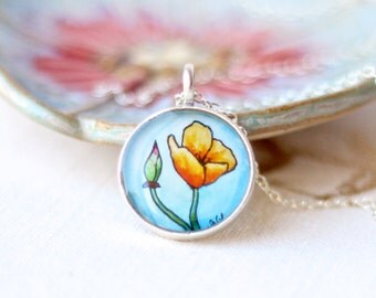 California Poppy pendant, floral art jewelry, poppy necklace wearable art, LIMITED EDITION