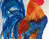 Rooster Proud - Bold kitchen art original watercolor 9x12 painting - blue orange red - cock-a-doodle-doo