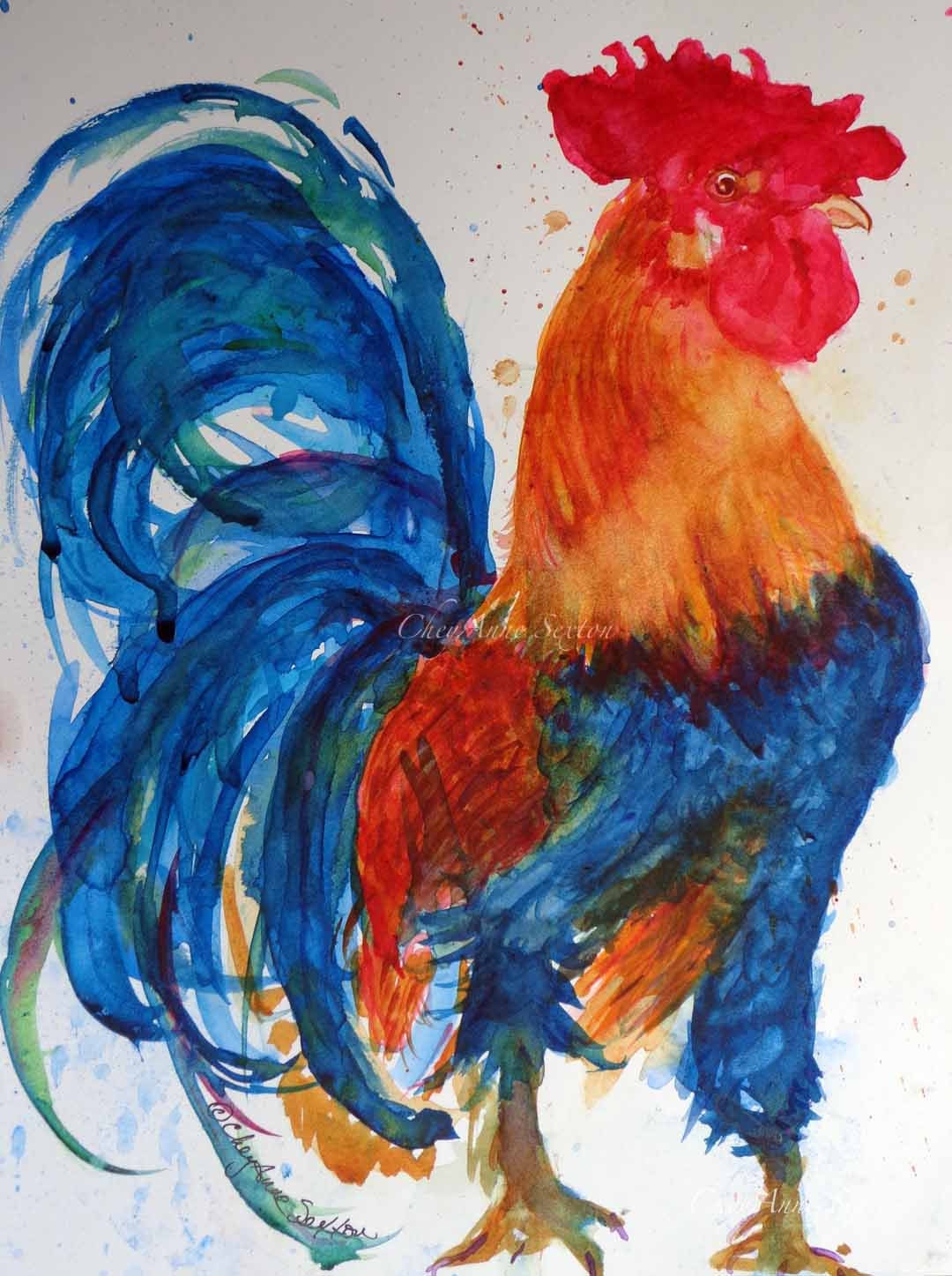 Rooster Proud - Bold kitchen art original watercolor 9x12 painting - blue orange red - cock-a-doodle-doo