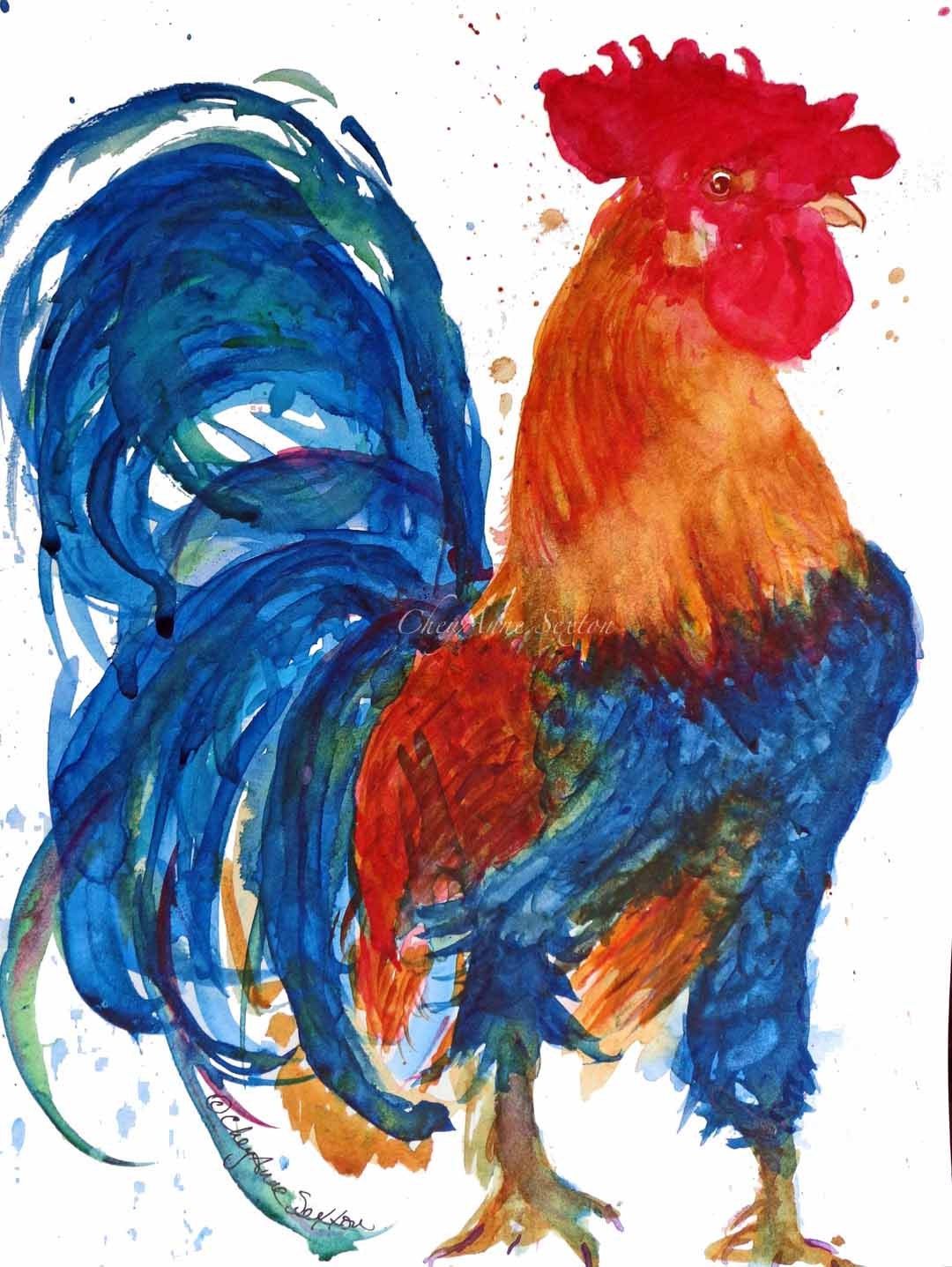 Rooster Proud - Bold kitchen art original watercolor 9x12 painting - blue orange red - cock-a-doodle-doo