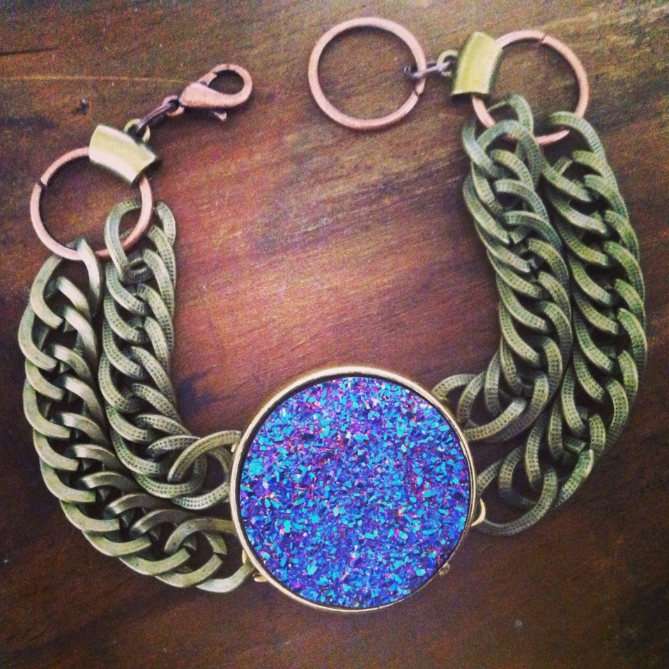 Blue Druzy Bracelet, Rainbow Druzy Bracelet, Chain Bracelet, Chunky Chain Bracelet, Mothers Day Jewelry