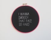 i wanna smooch that face so hard // needlepoint black and white and pink wall hanging hoop // gift art home decor print