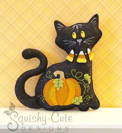 Cat Stuffed Animal Pattern - Felt Plushie Sewing Pattern & Tutorial - Midnight the Halloween Cat - Halloween Embroidery Pattern PDF