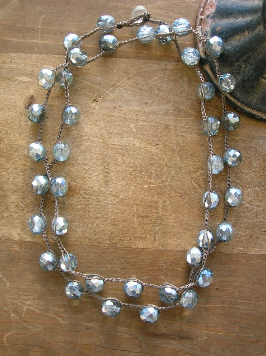 Crochet necklace, Boho layering necklace on SALE, long beaded, shabby metallic, sparkling icy blue, bohemian jewelry, czech glass