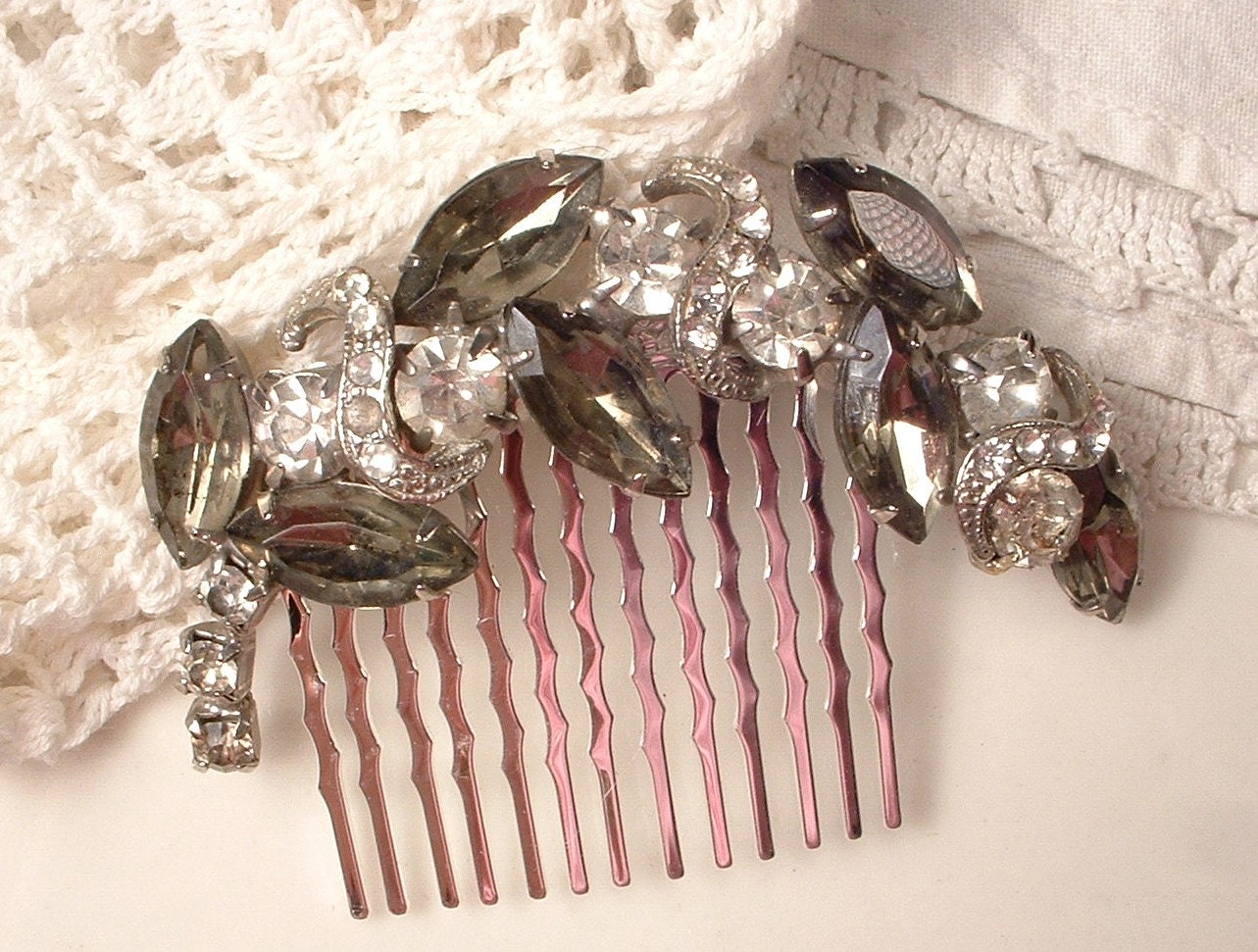 Art Deco Smokey Gray & Clear Rhinestone Bridal Hair Comb, TRUE Vintage Large Heirloom Marquise Brooch Hair Comb