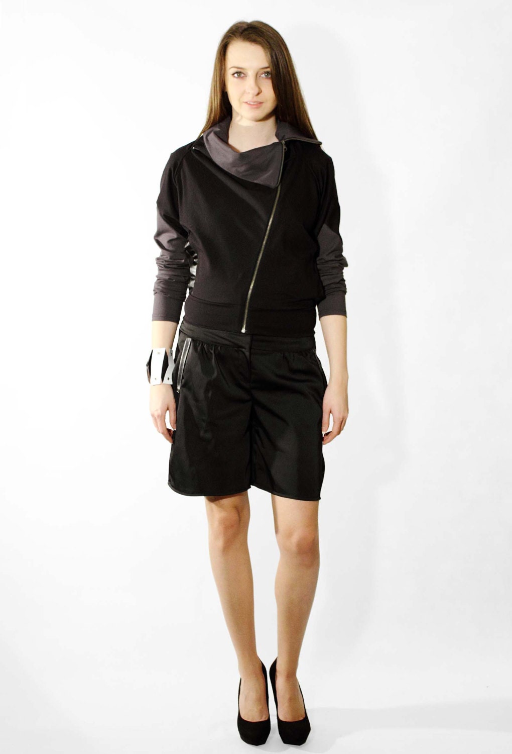 Black  sweatshirt, Cowl neck sweatshirt, Faux leather edges, Summer sweater, Extra long sleeves