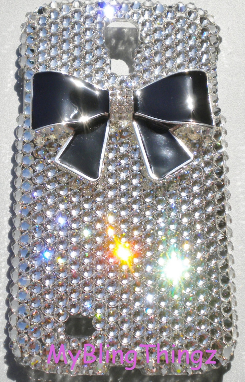 Cute Black Bling Bow on Luxury Clear Crystal Diamond Rhinestone Back Case for Samsung Galaxy S4 IV handmade using 100% Swarovski Elements