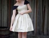 Handmade Silk Wedding Dress With Black Sleeves And Bow - A line