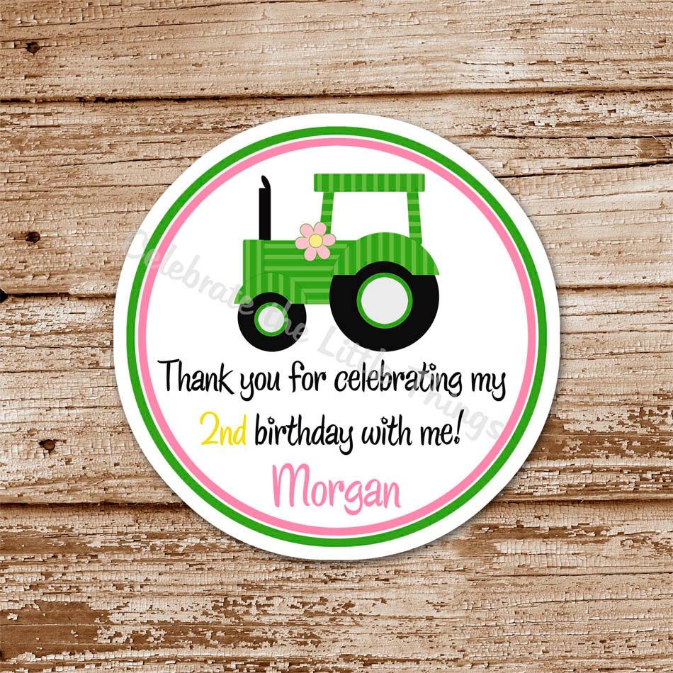 Set of 12 Pink and Green Tractor Favor Tags, Stickers for Girls Il_570xn