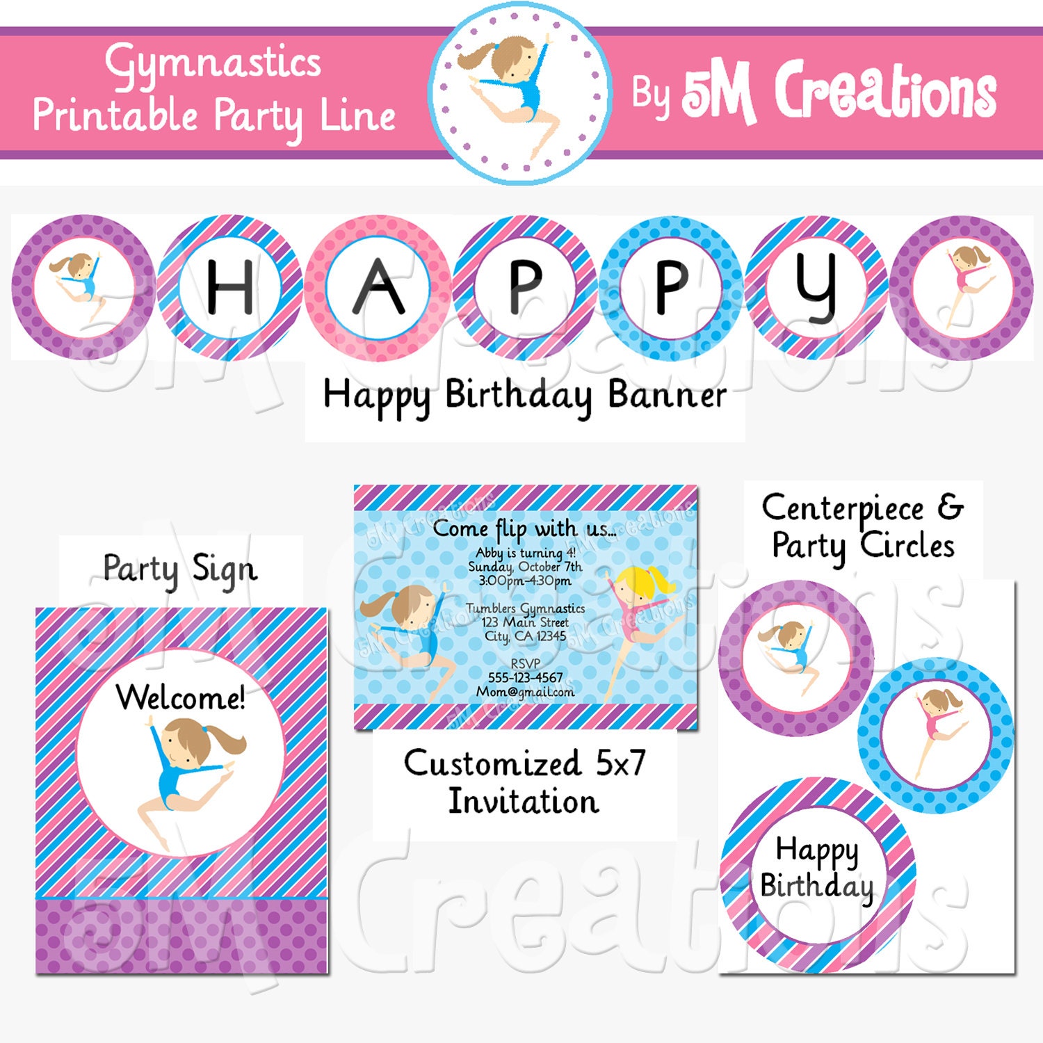 GYMNASTICS Birthday Party Printables - Gymnastics Party Package - Gymnastics Banner - Gymnastics Party Invitation