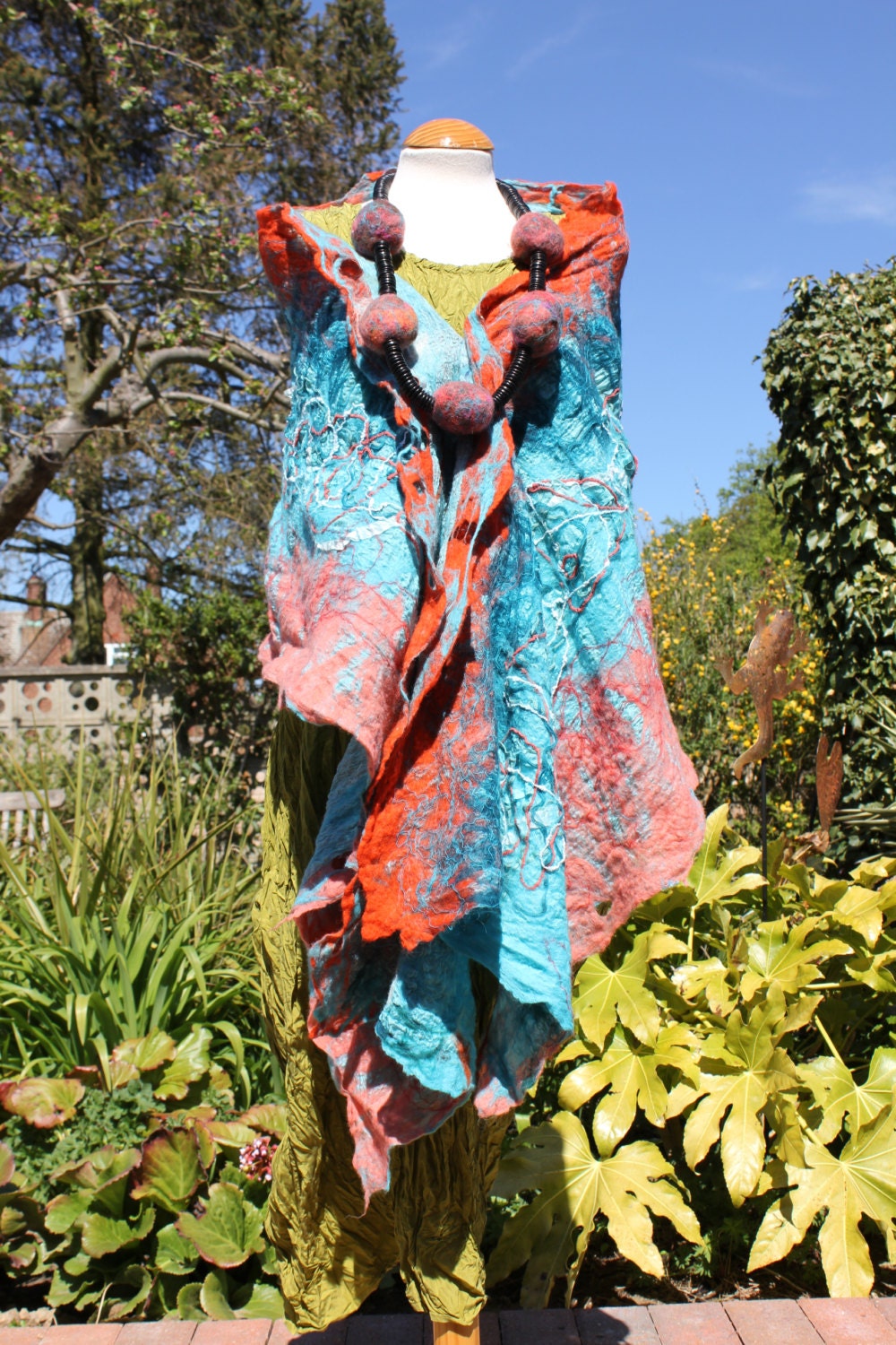 Nuno felted silk & wool shawl wrap scarf - tuquoise blue orange coral white - lagenlook - Art to Wear OOAK