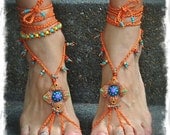 Shanti BAREFOOT SANDALS Burnt Orange Wedding beaded Crochet sandals Toe anklets foot jewelry Hippie Gypsy Foot Thong Bohemian shoes