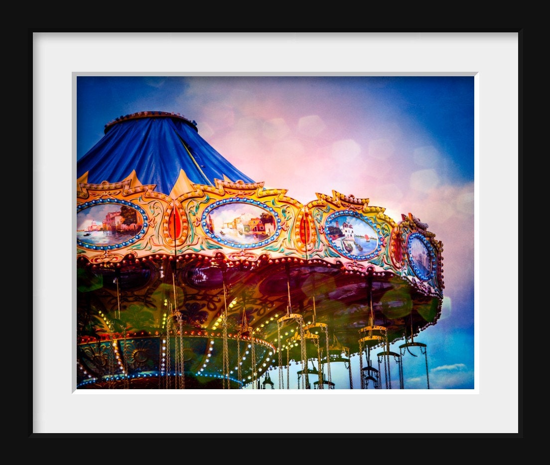 Carnival Ride - Swings - Blue Tent - Amusement Park - Summertime - Fair Rides - Blue and Gold - 11 x 14 Print - Circus - Whimsical Childhood