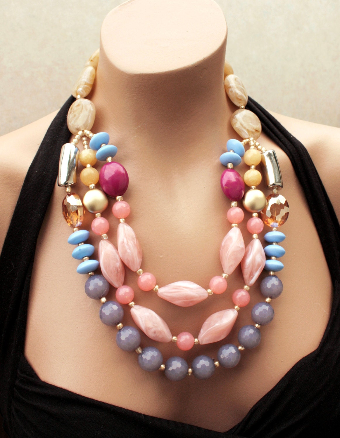 Bold, Colorful, Statement Necklace,Bib Necklace, Pink, Coral, Blue, Gold, Anthropologie, Figli, Solar Sundries
